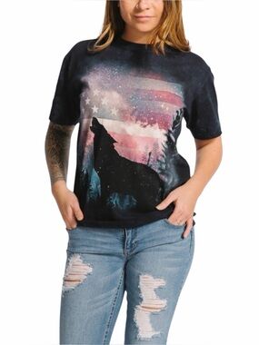 The Mountain 2017 Blue Acid Dye Patriotic Howl Howling Wolf Graphic Tee size XL